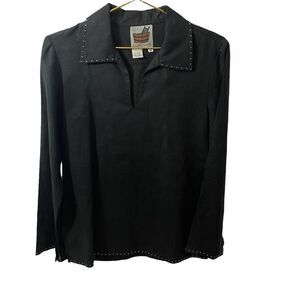 In the Wash Black Studded Linen Long Sleeve Blouse Made in Moldova